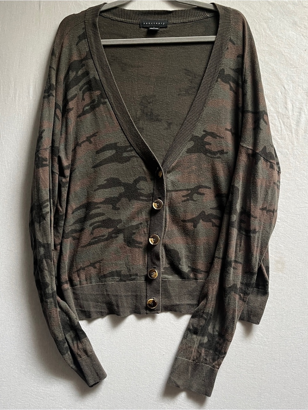Sanctuary Camo Knit V-Neck Button Front Cardigan Sweater L